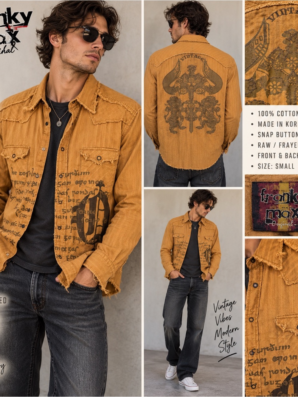Y2K Franky Max Vintage Graphic Western Shirt Raw Hem Brown S